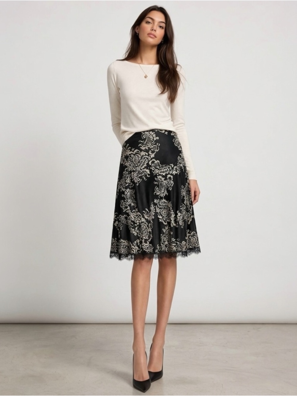 White House Black Market Silk Skirt 2 Black Ivory Baroque Floral WHBM Gothic - Picture 2 of 14